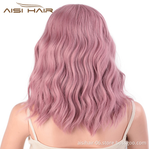 Aisi Hair Wholesale Hign Quality Synthetic Short Bob Pink Wig With Neat Bangs Short Curly Wave Wigs For Black Women